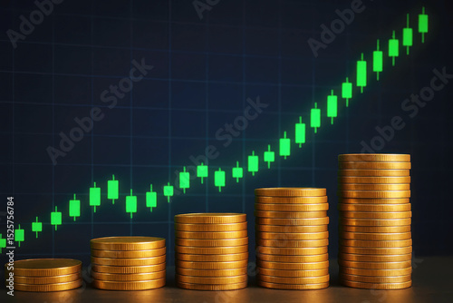 Stacks of gold coins in front of rising market graph symbolize financial growth and investment success
