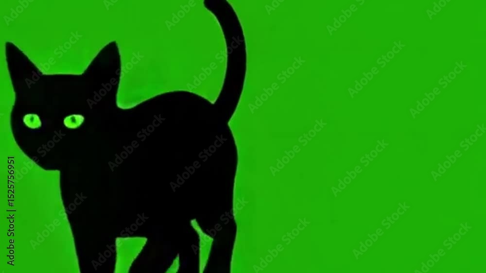 Silhouette of a black cat walking gracefully across a thin line on green screen