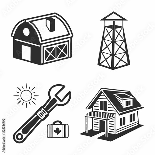 Farm icons barn house wrench sun tool kit