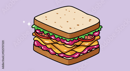 Vivid illustration of a sandwich with tomatoes, cheese, and lettuce on a purple background
