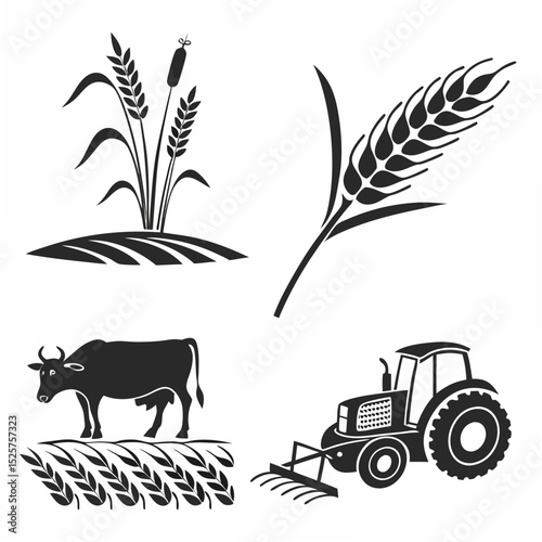 Professional agriculture icons set wheat cow tractor