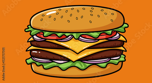 Double-decker burger with sesame buns, lettuce, tomato, and onions on orange background