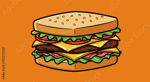 Classic burger with sesame seed bun, lettuce, tomatoes, patties, and cheese on bright orange background