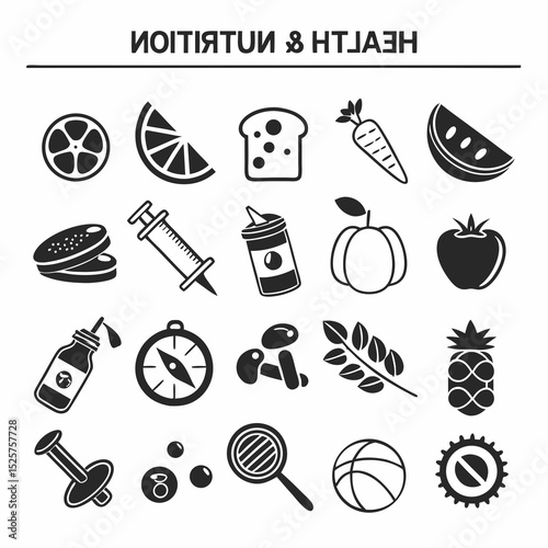 Black and white icon set food health sports