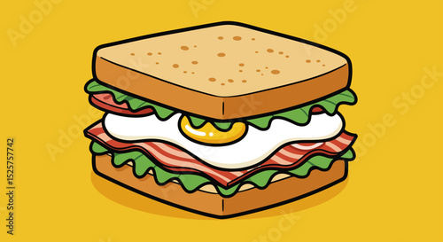 Close-up illustration of a sandwich with lettuce, tomato, and fried egg on toasted bread