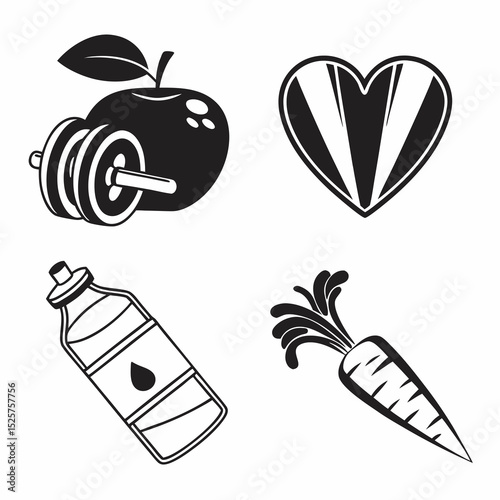 Healthy lifestyle icons apple dumbbells heart carrot water bottle