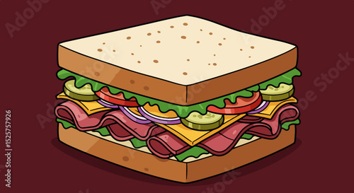 Close-up of a sandwich with whole grain bread, lettuce, tomato, ham, and onions on a dark background