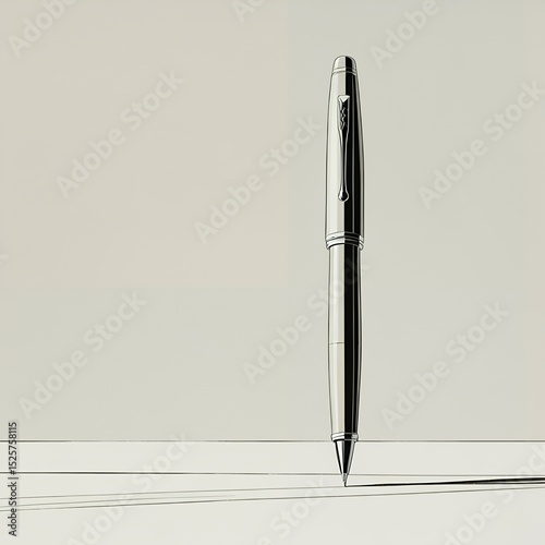 Sleek silver ballpoint pen stands upright on clean white surface evoking professionalism photo