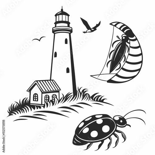 Lighthouse seascape with insects, isolated vector illustration