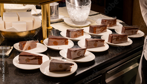 Many white plates with pieces of famous Sachertorte chocolate cake with apricot jam of Austrian origin in kitchen of old classic cafe-restaurant in Vienna