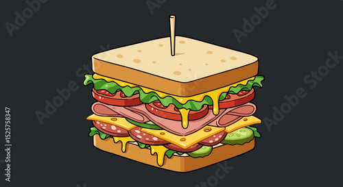 Close-up illustration of a layered sandwich with toasted bread, cheese, ham, tomatoes, and lettuce