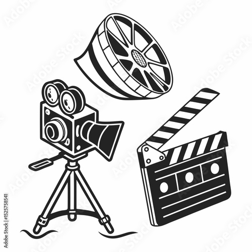 Vintage movie camera film reel clapperboard isolated