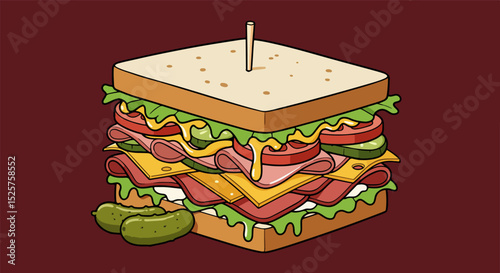 Multi-layered sandwich with lettuce, tomato, meat, and pickles on maroon background
