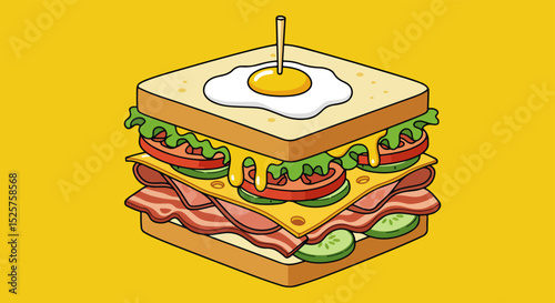 Three-dimensional sandwich illustration with lettuce, tomato, bacon, and fried egg on yellow background