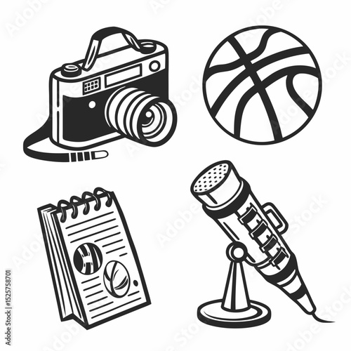 Professional sports journalism icons camera mic basketball notebook