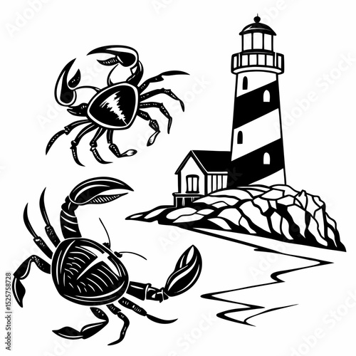 Coastal lighthouse scene with two crabs illustration