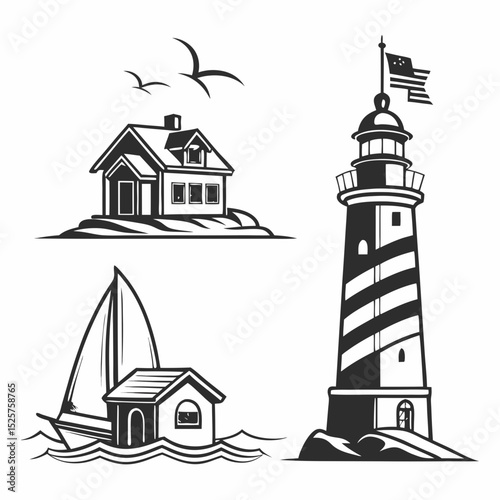 Coastal house lighthouse sailboat clipart set transparent background