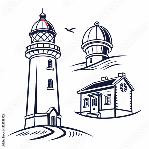 Lighthouse, observatory, house, coastal buildings, vector illustration