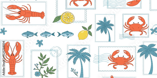 Tropical coquette beach summer pattern, Italy vacation mood, dolce vita design. Vector Mediterranean wallpaper, stamps, palm trees, sardines, lobster, bows frames. Cute geometric textile, background.