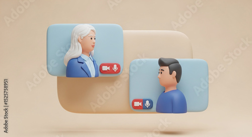 3D render of a video call between two people, illustrating remote work, online communication, and virtual meetings in a minimalist style.
