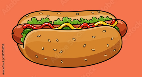 Illustration of a hot dog with lettuce, ketchup, and mustard on a sesame seed bun