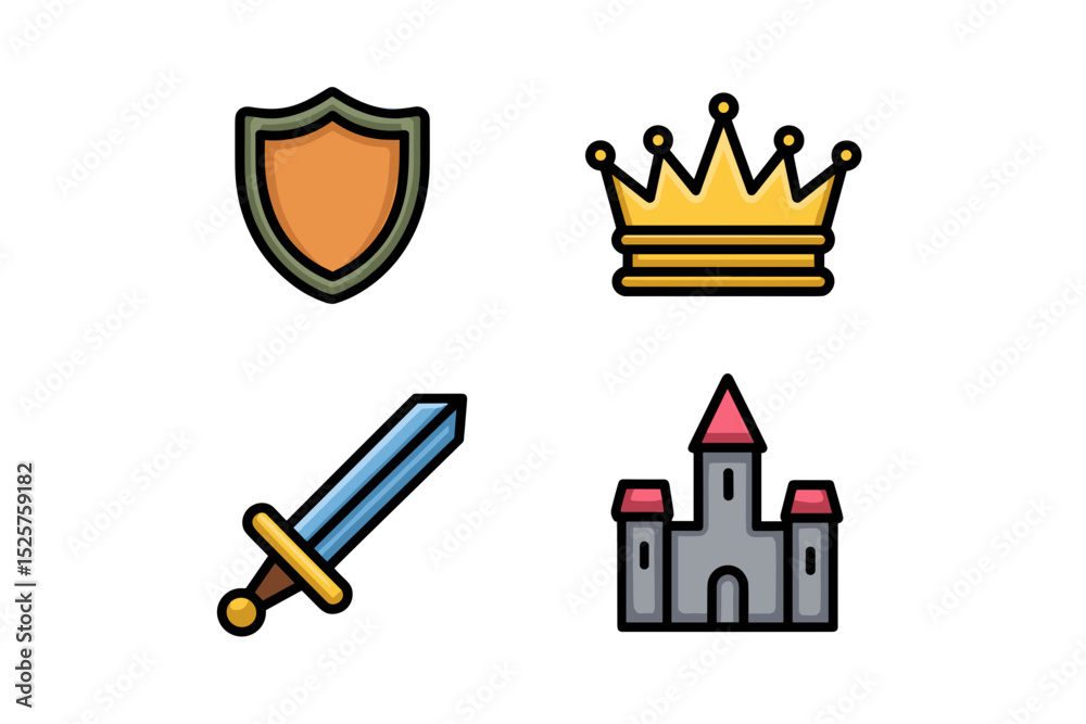 Obraz premium Icons Depicting Kingdom: Shield, Crown, Sword, and Castle on a transparent background.
