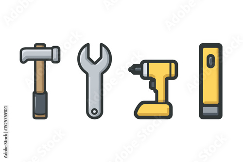 Handyman tools including a hammer, wrench, drill, and level on a transparent background.