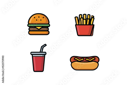 Four icons of classic fast food items on a transparent background for visual appeal. 