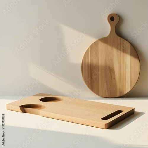 Stylish wooden cutting board in modern kitchen with natural light highlighting texture photo