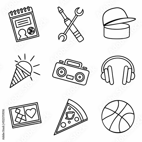 Nine simple line icons youth culture hobbies