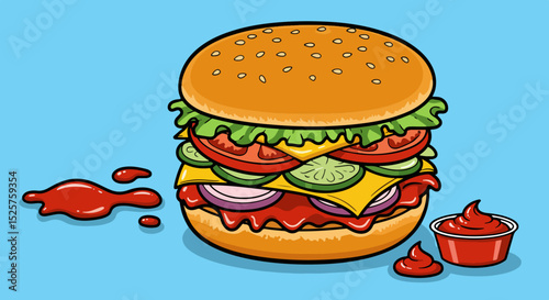 Vibrant illustration of a burger with lettuce, tomato, onion, cheese, and sauce on a light blue background