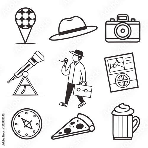 Travel icons set adventure journey exploration vacation