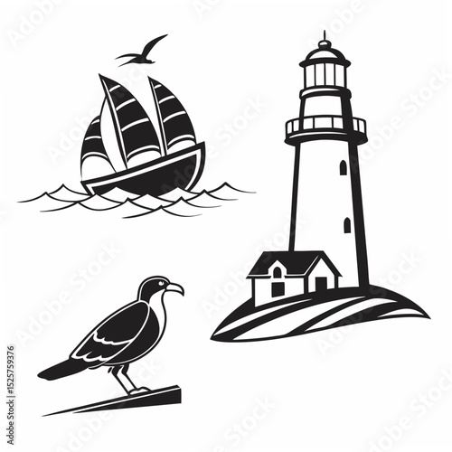 Professional sea icons sailboat lighthouse bird cutout