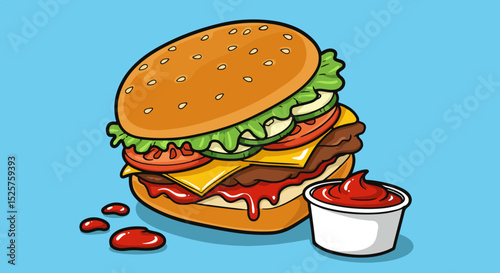 Vibrant illustration of a juicy burger with lettuce, tomato, and ketchup on a turquoise background