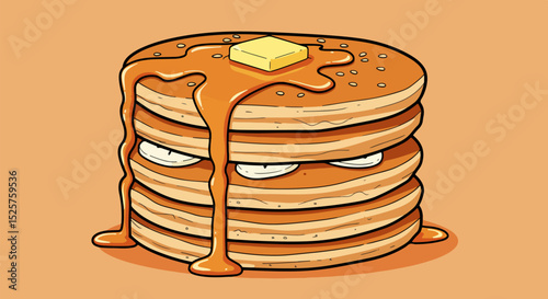 Whimsical stack of four anthropomorphized golden-brown pancakes with syrup and butter on vibrant orange background