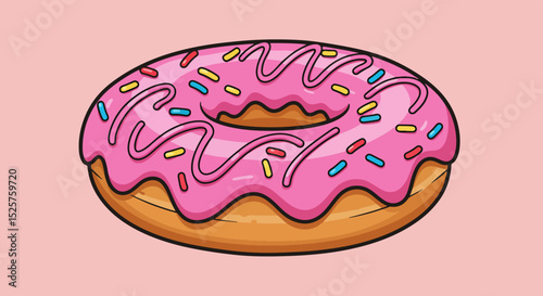 Single doughnut with pink icing, purple drizzle, and colorful sprinkles on pink background