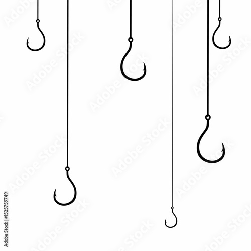 Vector illustration of a hanging fishing hook on a white background. The concept of a fishing hook being lowered into the water to catch fish.