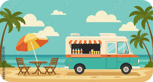 Vibrant beachside food truck with red and white striped awning and colorful seating area on sandy shore
