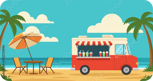Red food truck with white awning on beach sand serving colorful beverages with wooden table and chairs under striped umbrella
