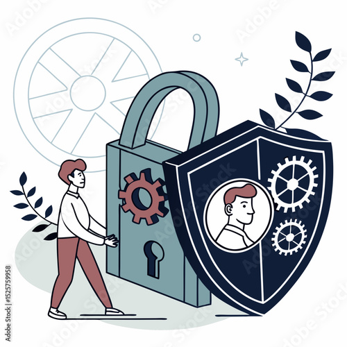 Secure data protection man with lock and shield