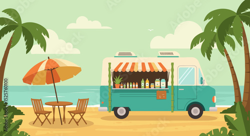 Green food truck on sandy beach with seating area and ocean view