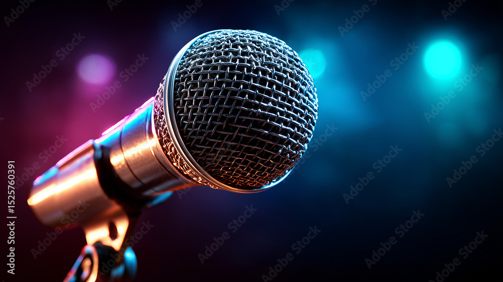 Obraz premium Stage microphone glowing under vibrant lights, capturing the essence of live performance energy