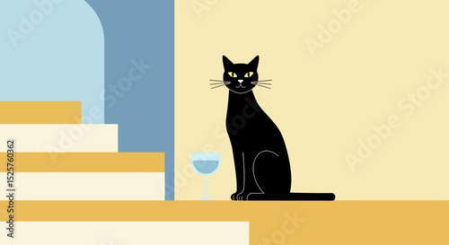 Black cat with yellow eyes sitting on yellow surface next to stack of books and wine glass