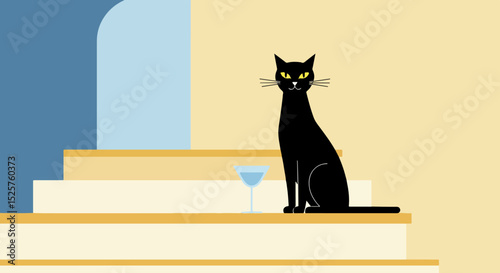 Black cat sitting on white books with blue cocktail on yellow surface