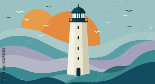 White lighthouse with black top on elevated landmass surrounded by ocean waves and colorful sky