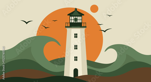 Tall white lighthouse with green roof and rocky base at sunset with three birds in flight
