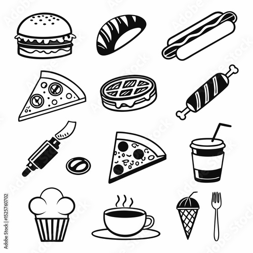 Delicious fast food icons set isolated on white