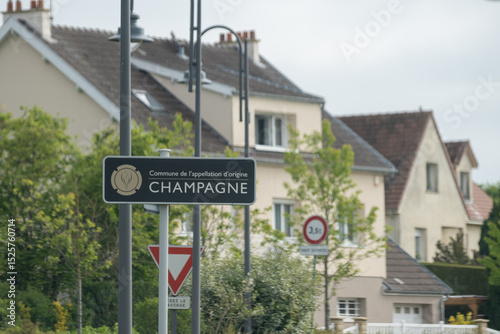 Fototapeta Naklejka Na Ścianę i Meble -  Champagne wine making region near Epernay, Champagne, France. Road signes and places of destinations, sign tourists route in Champagne