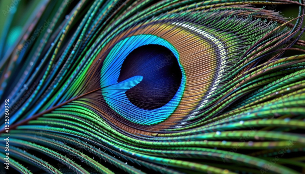 Obraz premium Close up view of peacock feathers showcasing iridescent blue and green hues, creating mesmerizing pattern that captivates eye