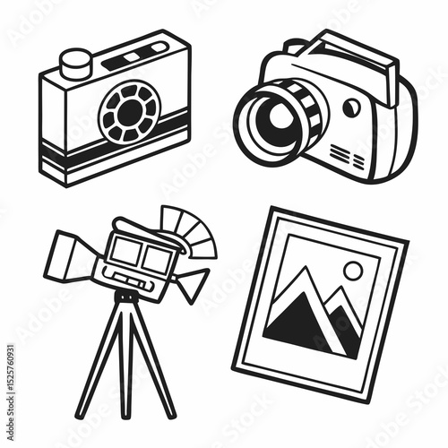 Vintage camera equipment photography icons illustration